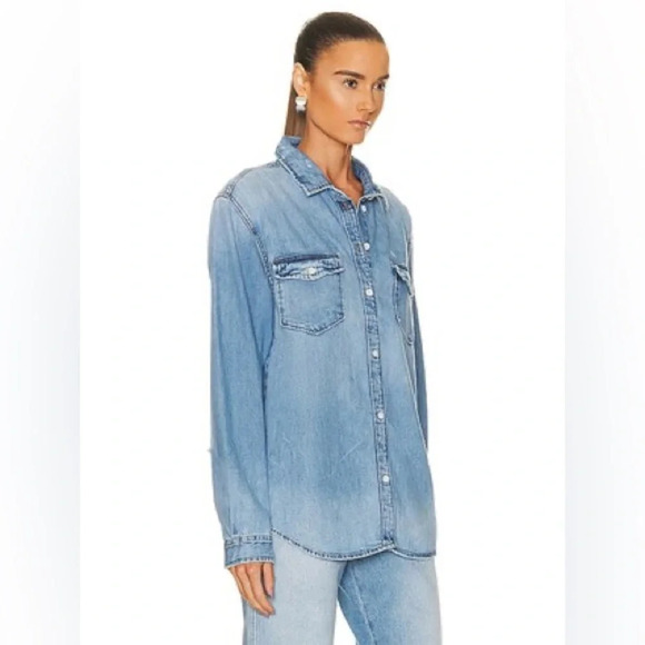 Frame Double Pocket Button Down Shirt Distressed  Denim - Picture 2 of 11